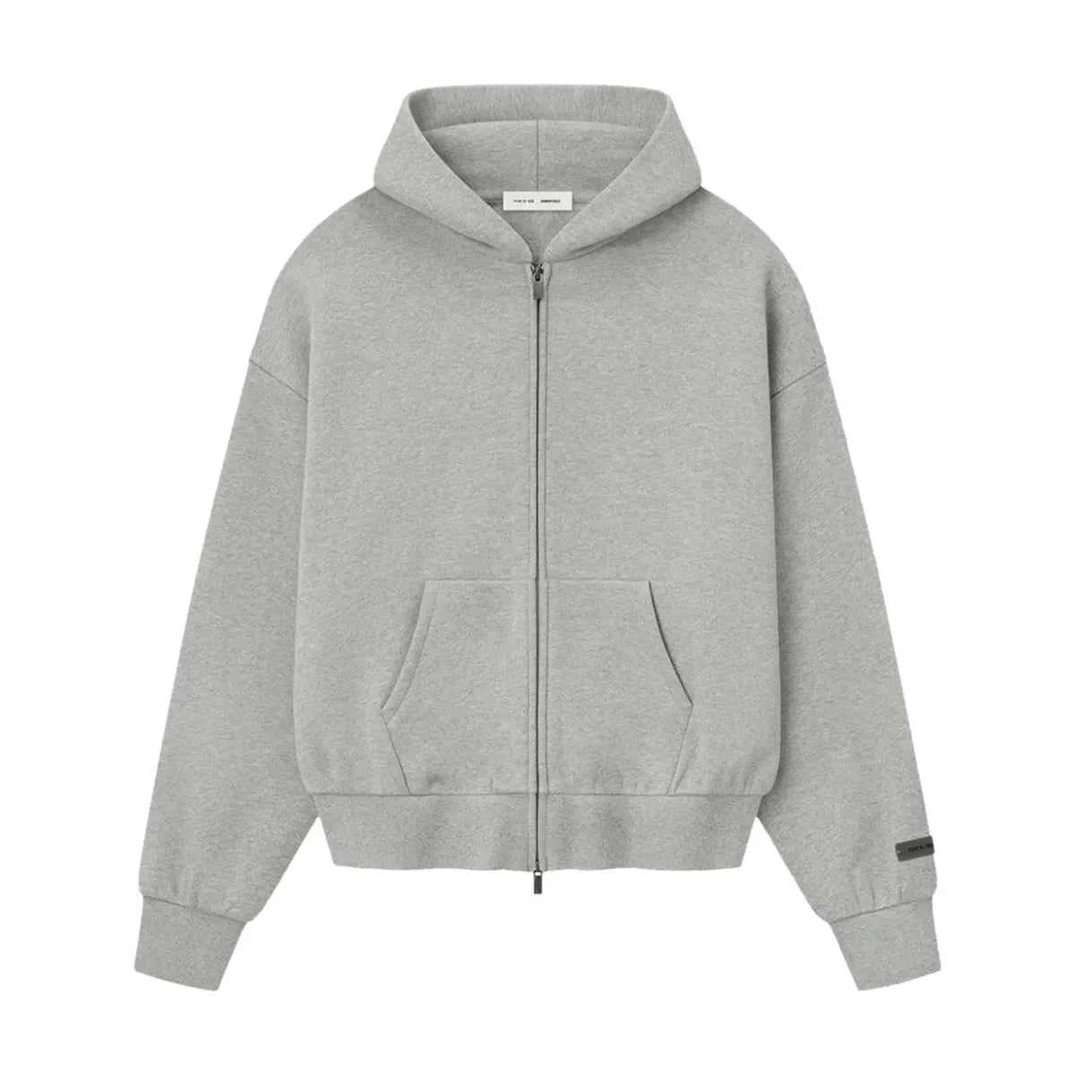 Fear of God Essentials Classic Zip-Up 'Concrete Heather' – oversize bluza z szarego fleece 380gsm, z zamkiem i kapturem.