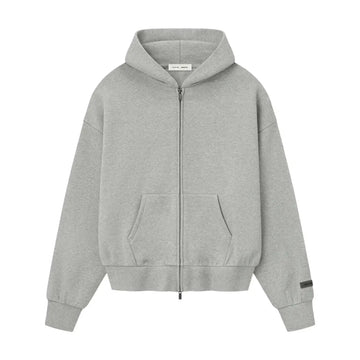 Fear of God Essentials Classic Zip-Up 'Concrete Heather' – oversize bluza z szarego fleece 380gsm, z zamkiem i kapturem.